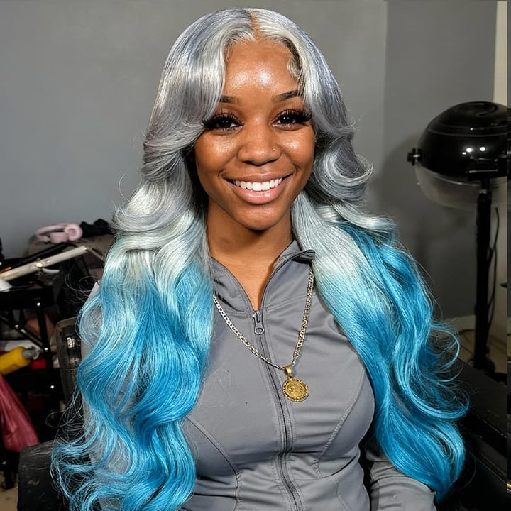 SZC Ombre Silvery Gray Pastel Blue 13x4 Lace Front Remy Human Hair Wigs