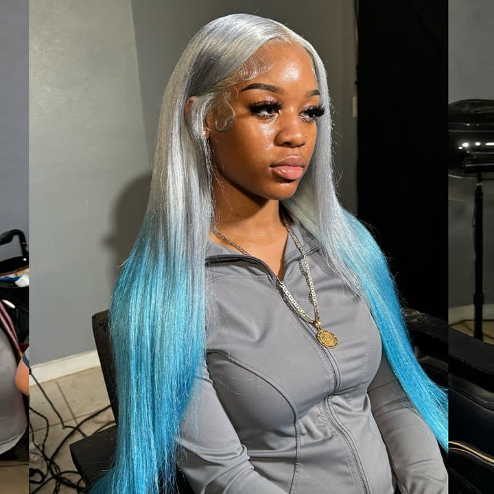 SZC Ombre Silvery Gray Pastel Blue 13x4 Lace Front Remy Human Hair Wigs