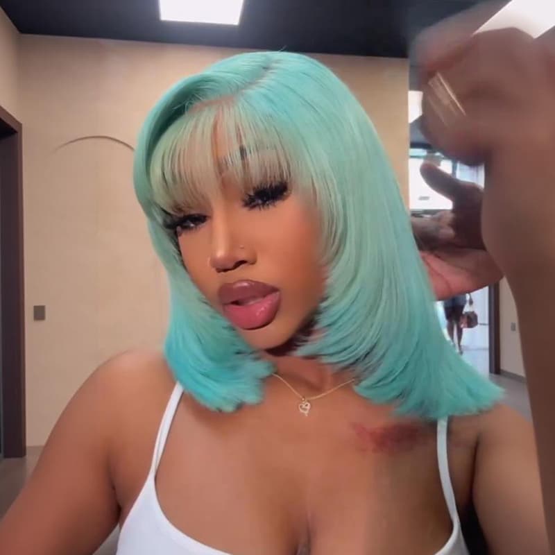 SZC Pastel Green 8 10 12 inch Short Bob Human Hair Wig Side Part With Bangs