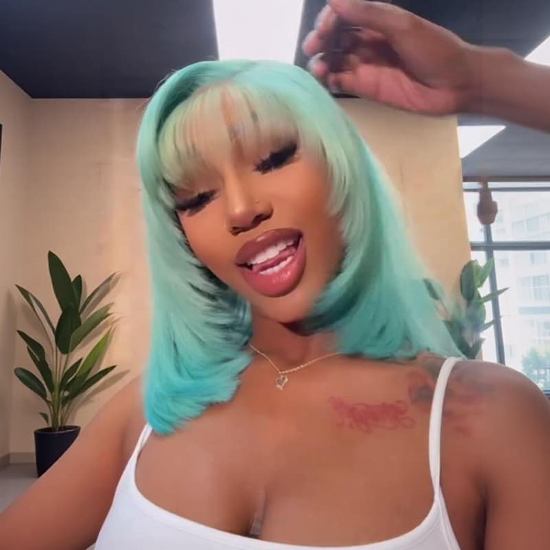 SZC Pastel Green 8 10 12 inch Short Bob Human Hair Wig Side Part With Bangs