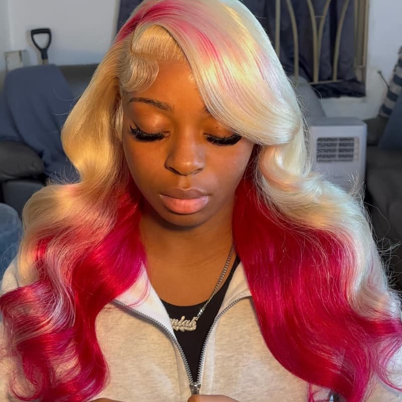 SZC Peekaboo 613 Blonde Burgundy Red Highlights 13x4 Lace Front Human Hair Wigs 200 Density