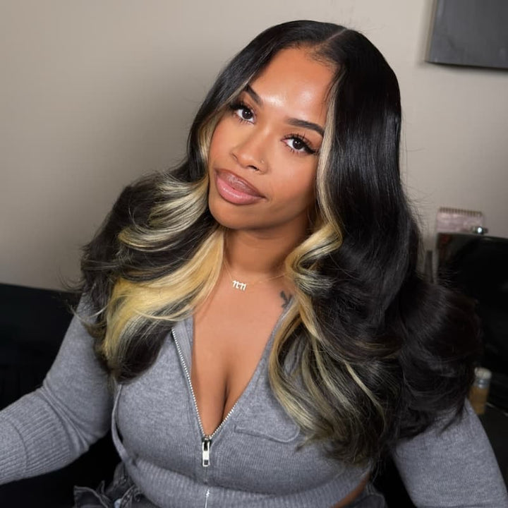 SZC Peekaboo Black Blonde Streaks Skunk Stripe 13x4 Lace Front Human Hair Wigs 200 Density