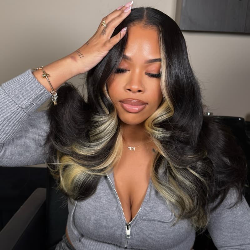 SZC Peekaboo Black Blonde Streaks Skunk Stripe 13x4 Lace Front Human Hair Wigs 200 Density