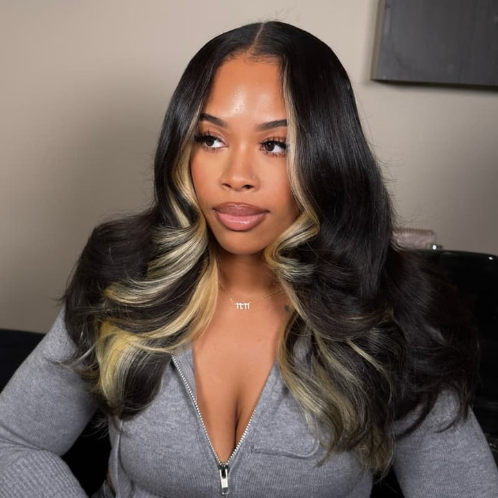 SZC Peekaboo Black Blonde Streaks Skunk Stripe 13x4 Lace Front Human Hair Wigs 200 Density
