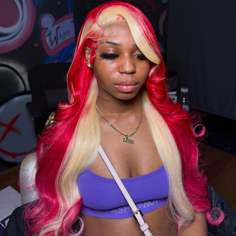 SZC Peekaboo Blonde Skunk Stripe Hot Red 13x4 Lace Front Virgin Human Hair Wig 200 Density