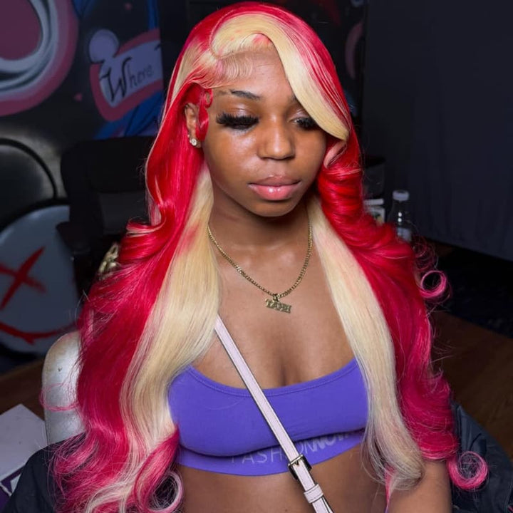 SZC Peekaboo Blonde Skunk Stripe Hot Red 13x4 Lace Front Virgin Human Hair Wig 200 Density