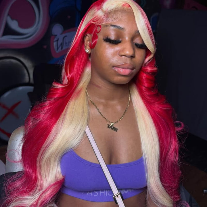 SZC Peekaboo Blonde Skunk Stripe Hot Red 13x4 Lace Front Virgin Human Hair Wig 200 Density