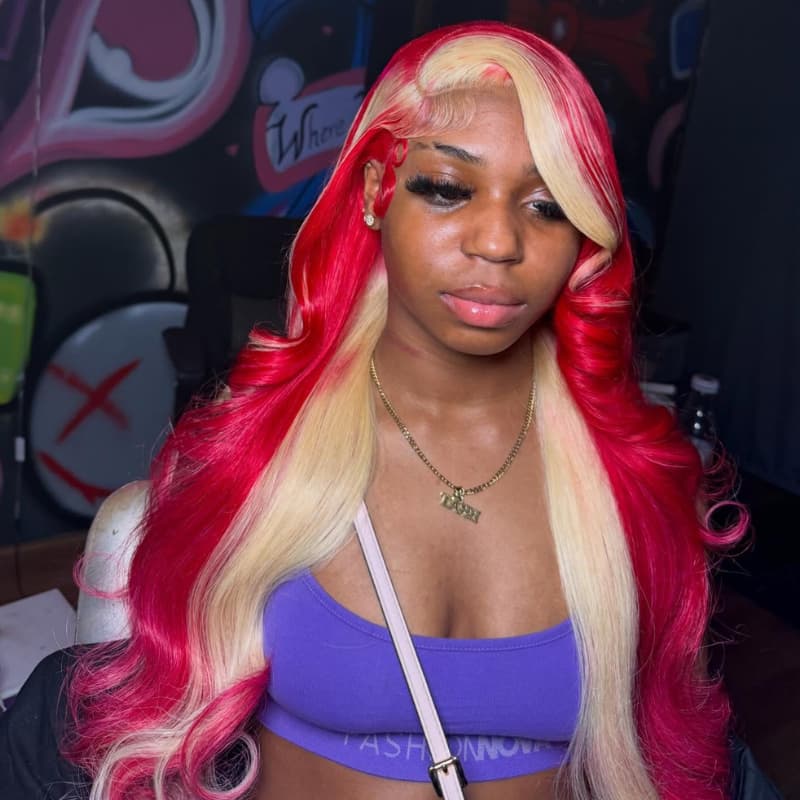 SZC Peekaboo Blonde Skunk Stripe Hot Red 13x4 Lace Front Virgin Human Hair Wig 200 Density
