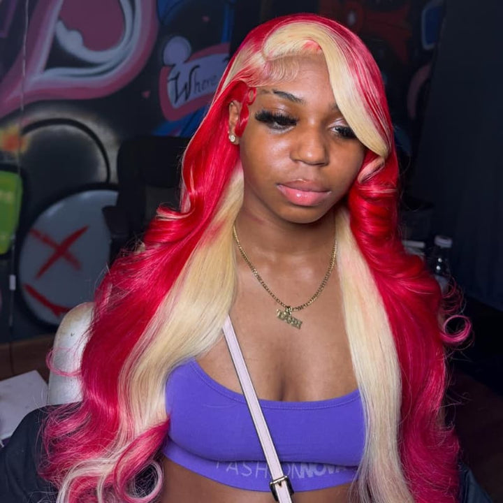 SZC Peekaboo Blonde Skunk Stripe Hot Red 13x4 Lace Front Virgin Human Hair Wig 200 Density