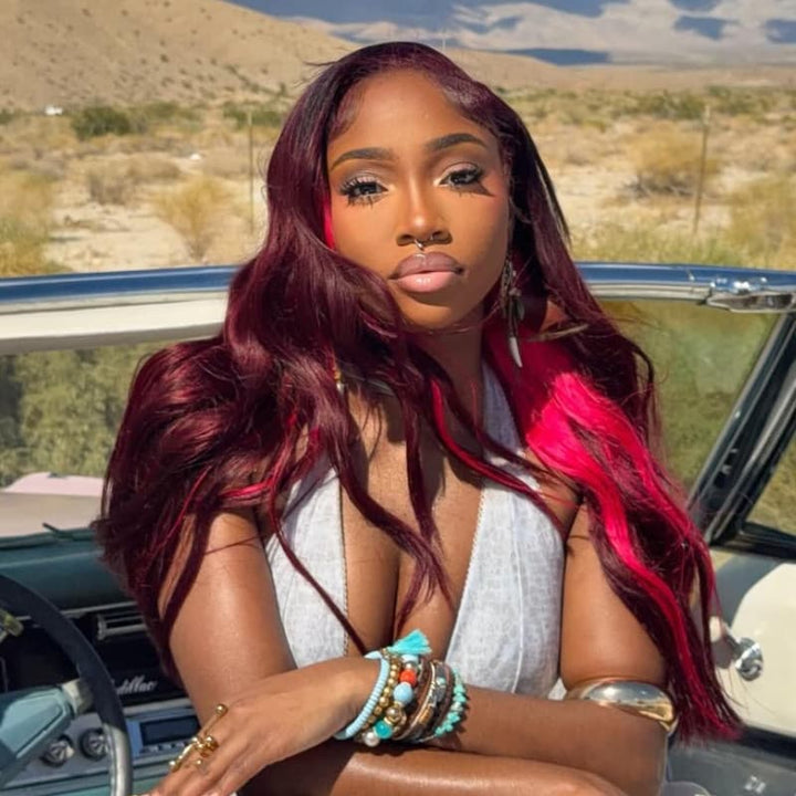 SZC Peekaboo Deep Burgundy Red Hot Pink 13x4 Lace Front Human Hair Wig 200 Density