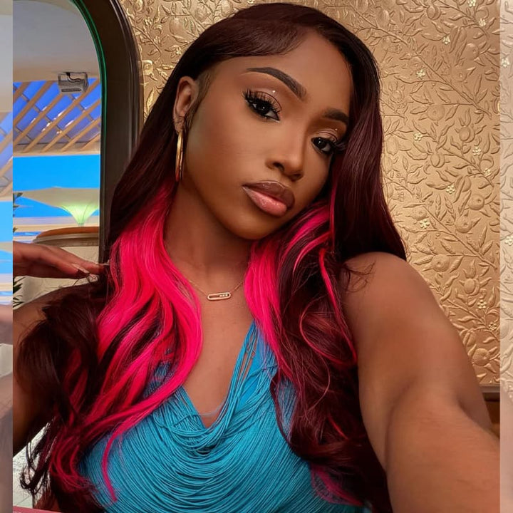 SZC Peekaboo Deep Burgundy Red Hot Pink 13x4 Lace Front Human Hair Wig 200 Density