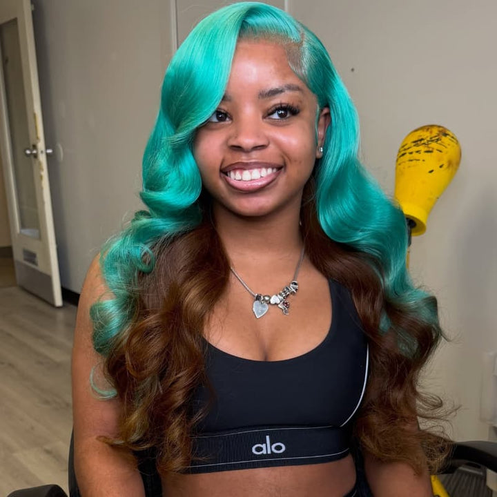 SZC Peekaboo Ocean Blue Brown 13x4 Lace Front Human Hair Wig