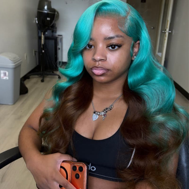 SZC Peekaboo Ocean Blue Brown 13x4 Lace Front Human Hair Wig