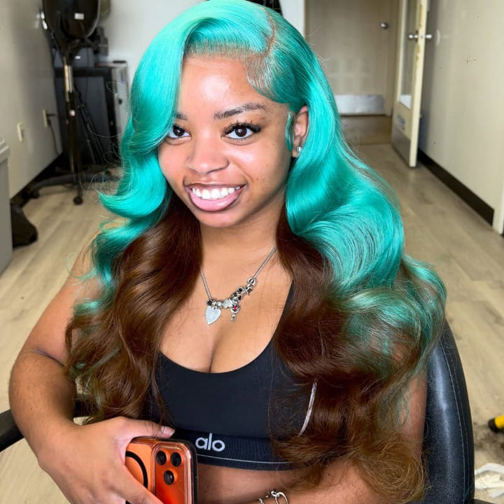 SZC Peekaboo Ocean Blue Brown 13x4 Lace Front Human Hair Wig