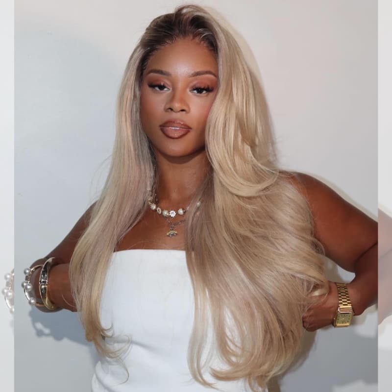 SZC Platinum Beige Blonde Dark Roots Luxury Summer Beach Vacations 13x4 Lace Front Human Hair Wig