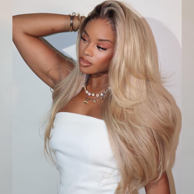 SZC Platinum Beige Blonde Dark Roots Luxury Summer Beach Vacations 13x4 Lace Front Human Hair Wig
