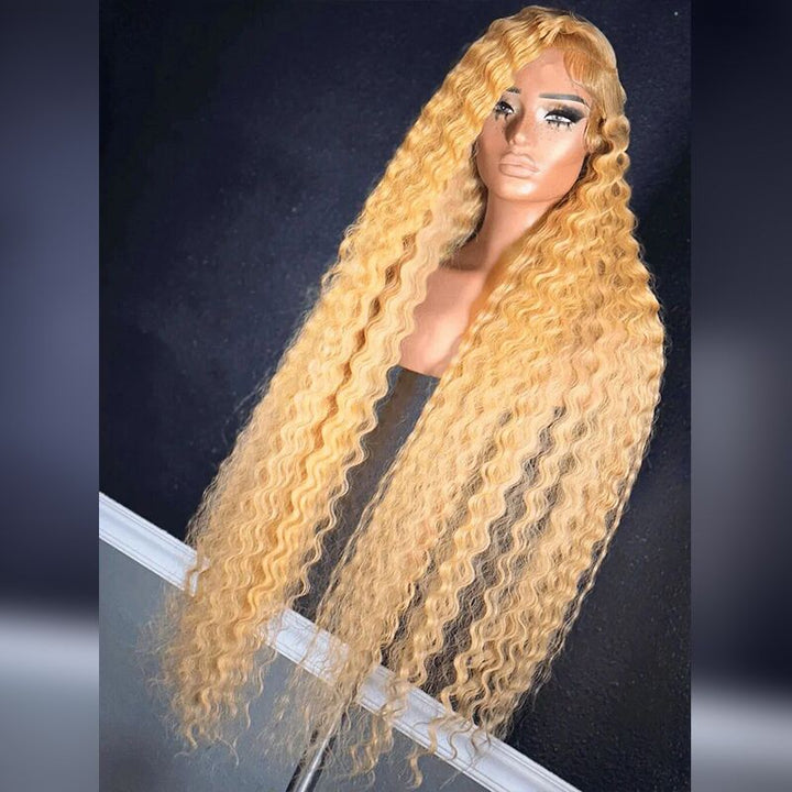 SZC Platinum Strawberry Honey Blonde Deep Wave Curly 13x4 Lace Front Human Hair Wigs