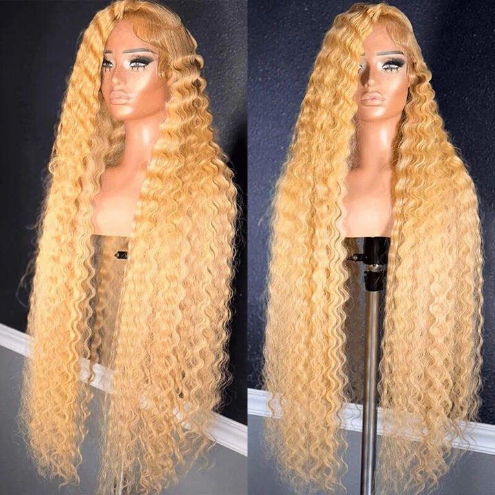 SZC Platinum Strawberry Honey Blonde Deep Wave Curly 13x4 Lace Front Human Hair Wigs