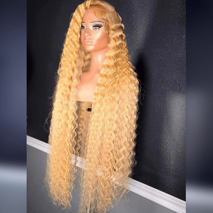 SZC Platinum Strawberry Honey Blonde Deep Wave Curly 13x4 Lace Front Human Hair Wigs