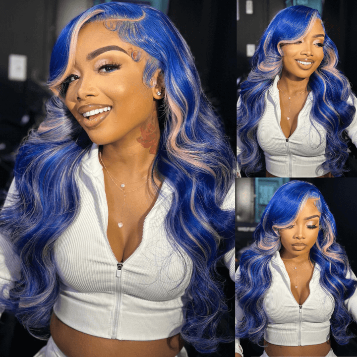 SZC 200 Density Blue Pink Highlights 13x4 Lace Front Virgin Human Hair Wig