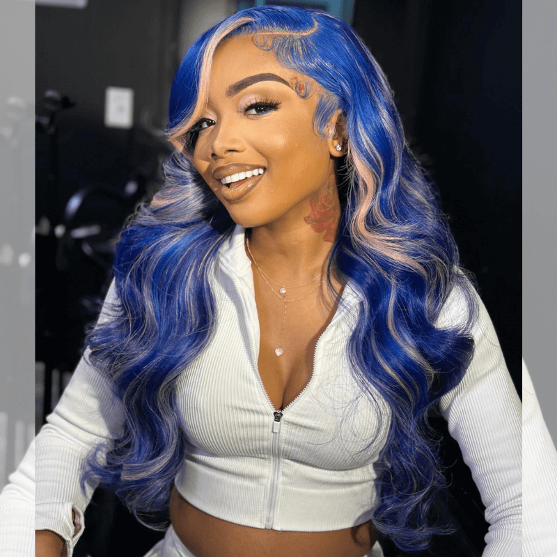 SZC 200 Density Blue Pink Highlights 13x4 Lace Front Virgin Human Hair Wig