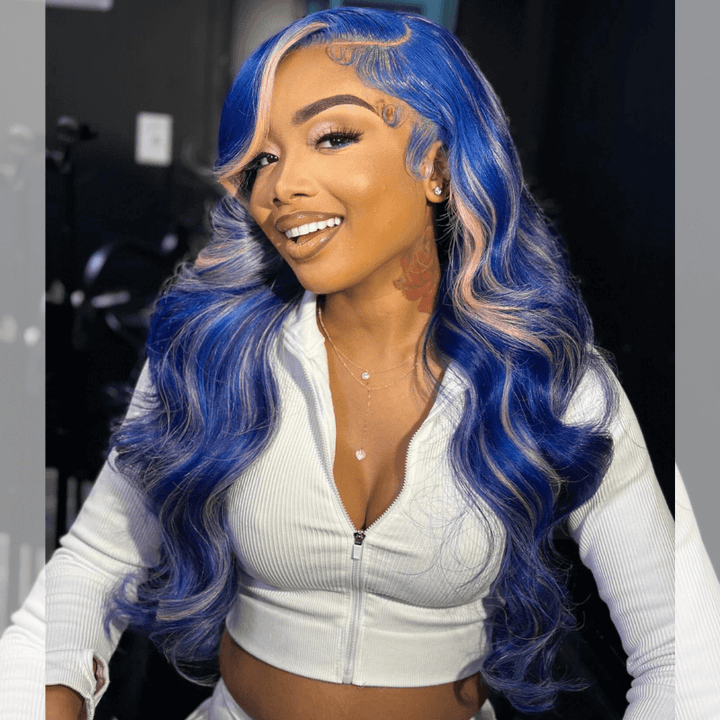 SZC 200 Density Blue Pink Highlights 13x4 Lace Front Virgin Human Hair Wig