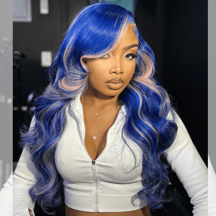 SZC 200 Density Blue Pink Highlights 13x4 Lace Front Virgin Human Hair Wig