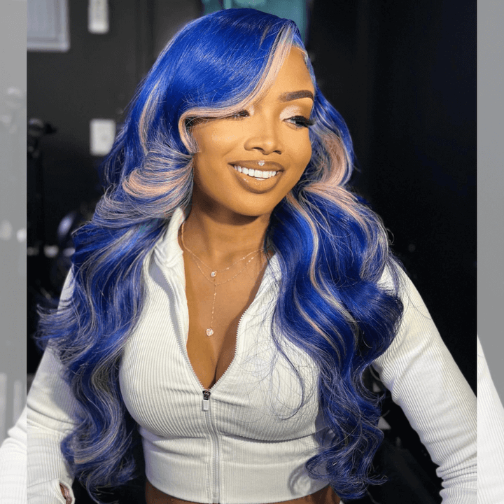 SZC 200 Density Blue Pink Highlights 13x4 Lace Front Virgin Human Hair Wig
