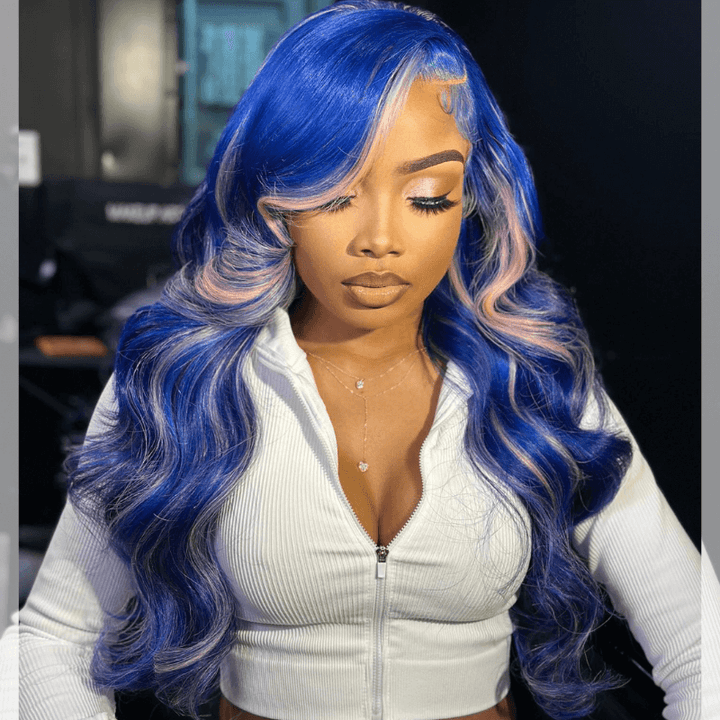 SZC 200 Density Blue Pink Highlights 13x4 Lace Front Virgin Human Hair Wig