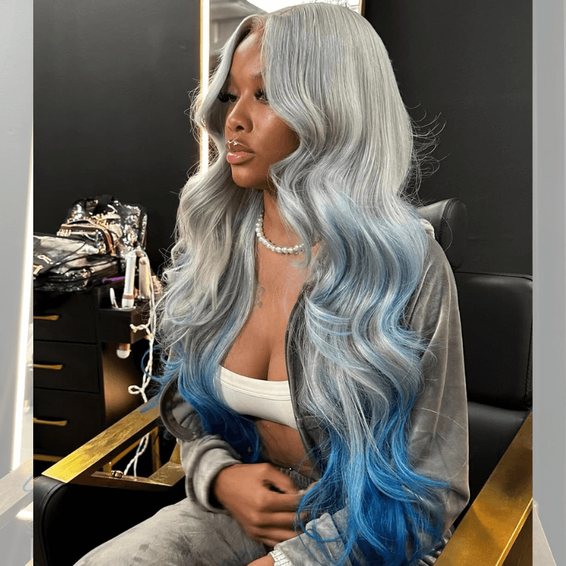 SZC 200 Density Ombre Gray Blue Colored 13x4 Lace Frontal Human Hair Wigs