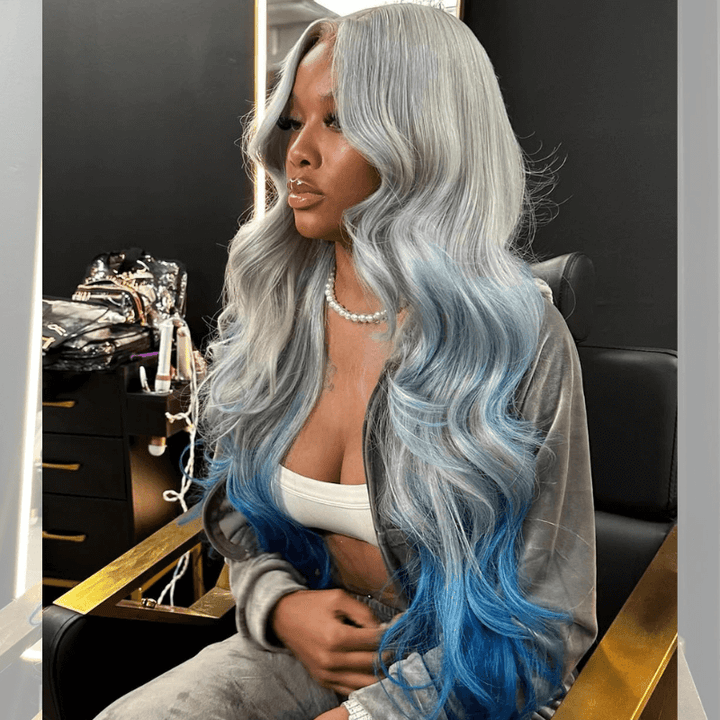 SZC 200 Density Ombre Gray Blue Colored 13x4 Lace Frontal Human Hair Wigs