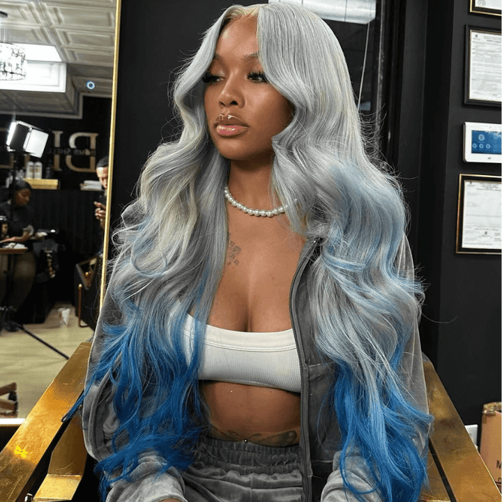 SZC 200 Density Ombre Gray Blue Colored 13x4 Lace Frontal Human Hair Wigs