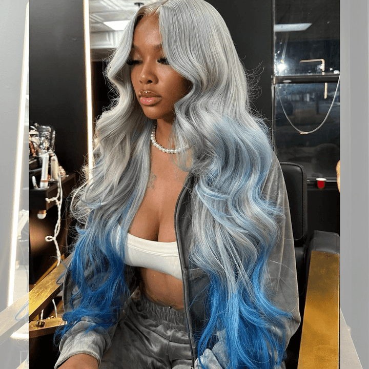 SZC 200 Density Ombre Gray Blue Colored 13x4 Lace Frontal Human Hair Wigs