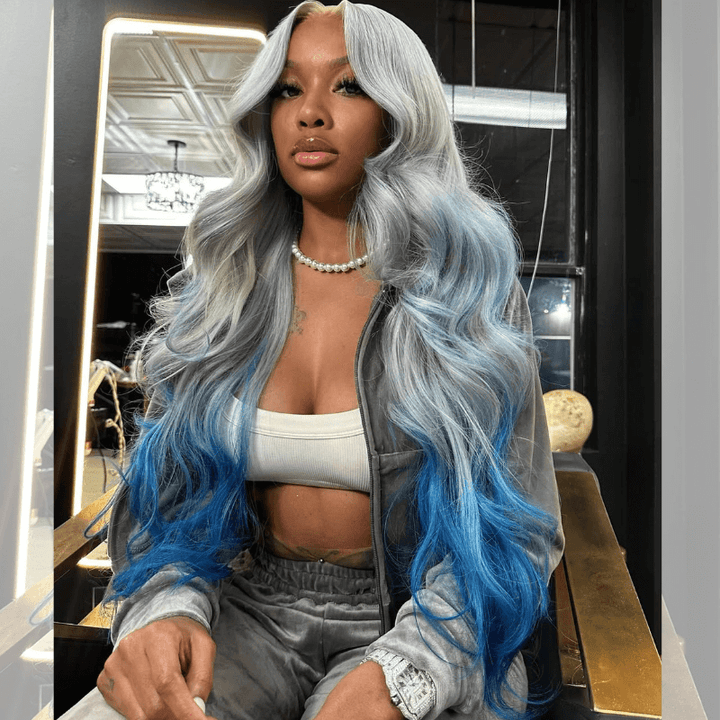 SZC 200 Density Ombre Gray Blue Colored 13x4 Lace Frontal Human Hair Wigs