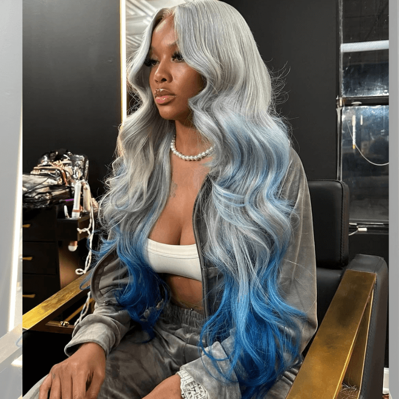SZC 200 Density Ombre Gray Blue Colored 13x4 Lace Frontal Human Hair Wigs
