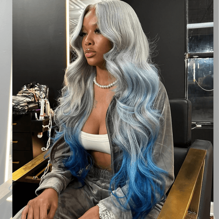 SZC 200 Density Ombre Gray Blue Colored 13x4 Lace Frontal Human Hair Wigs