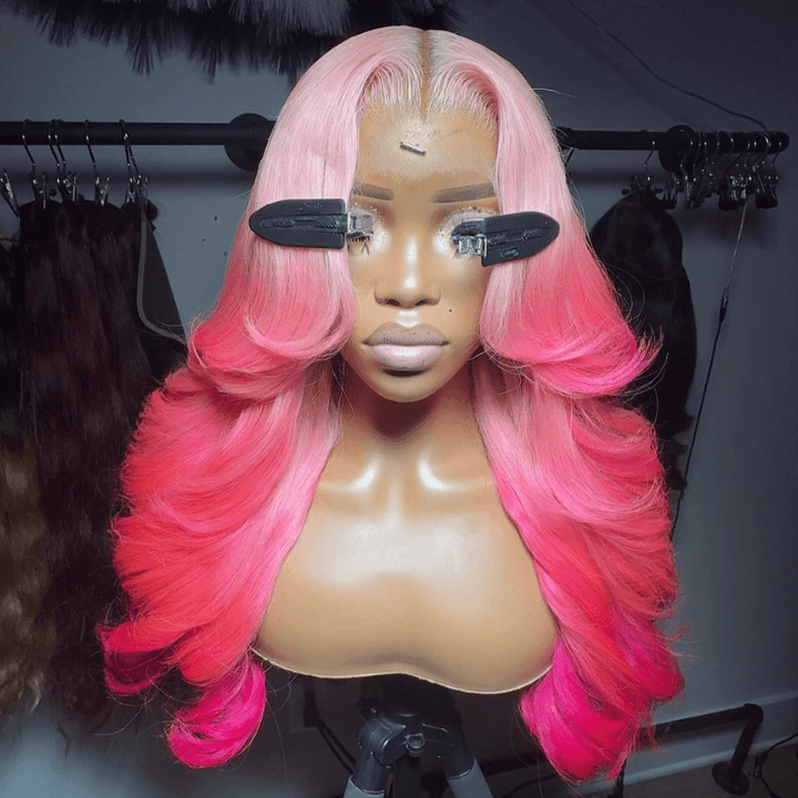 SZC 200 Density Ombre Peach Pink 13x4 Lace Front Body Wave Human Hair Wigs