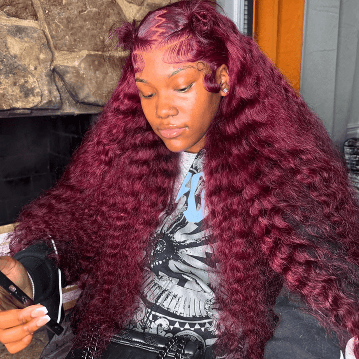 SZC 250 300 Density 99J Red Deep Wave Curly Lace Front Human Hair Wigs