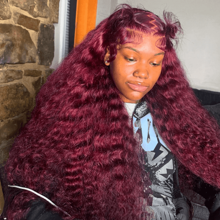 SZC 250 300 Density 99J Red Deep Wave Curly Lace Front Human Hair Wigs