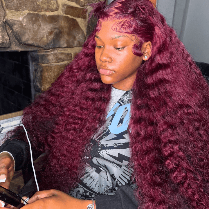 SZC 250 300 Density 99J Red Deep Wave Curly Lace Front Human Hair Wigs
