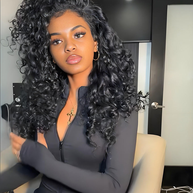 SZC 250 300 Density Crimped Deep Wave Curls 13x4 Lace Front Virgin Human Hair Wigs