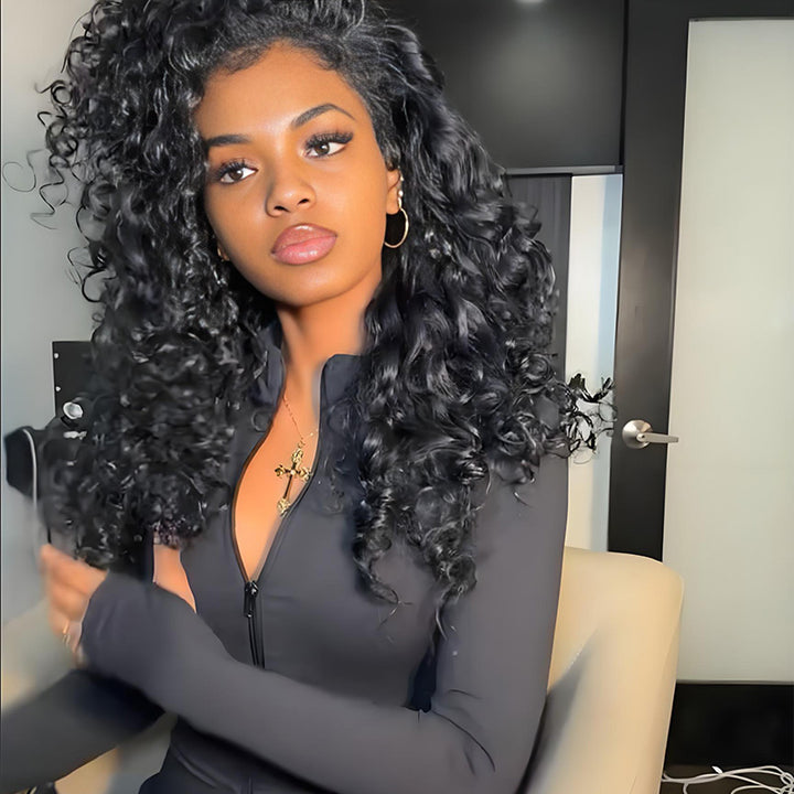 SZC 250 300 Density Crimped Deep Wave Curls 13x4 Lace Front Virgin Human Hair Wigs