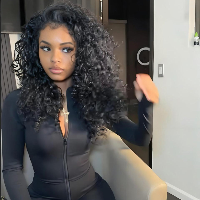 SZC 250 300 Density Crimped Deep Wave Curls 13x4 Lace Front Virgin Human Hair Wigs