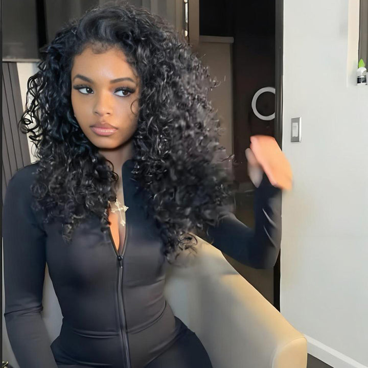 SZC 250 300 Density Crimped Deep Wave Curls 13x4 Lace Front Virgin Human Hair Wigs