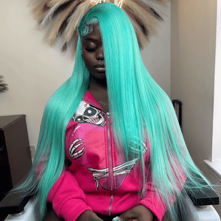 SZC 30 32 34 Inch Green Bone Straight 13x4 Lace Front Human Hair Wigs