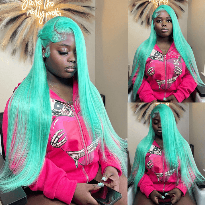 SZC 30 32 34 Inch Green Bone Straight 13x4 Lace Front Human Hair Wigs