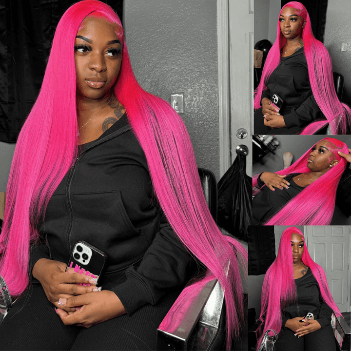SZC 30 32 34 Inch Hot Pink Bone Straight HD Lace Front Human Hair Wigs