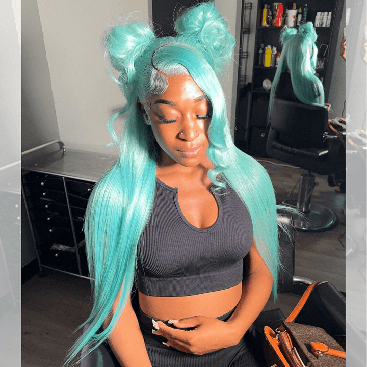 SZC 30 32 34 inch Pastel Green Transparent Lace Front Human Hair Wigs