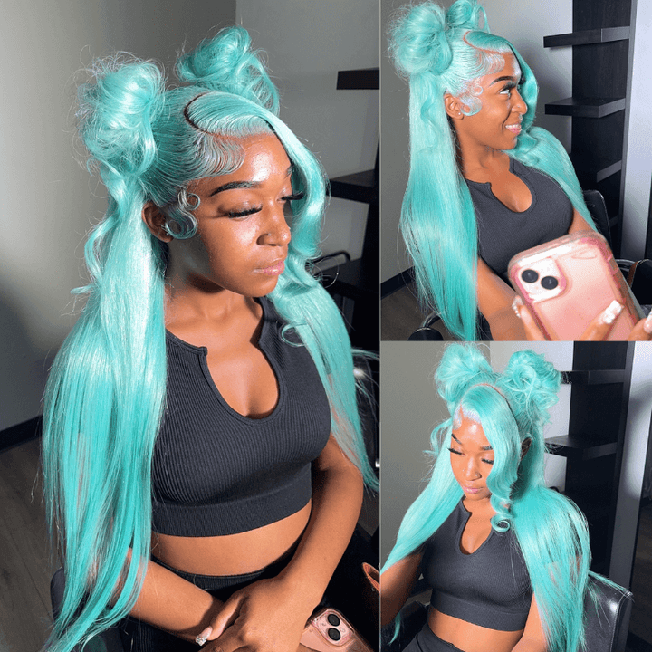 SZC 30 32 34 inch Pastel Green Transparent Lace Front Human Hair Wigs