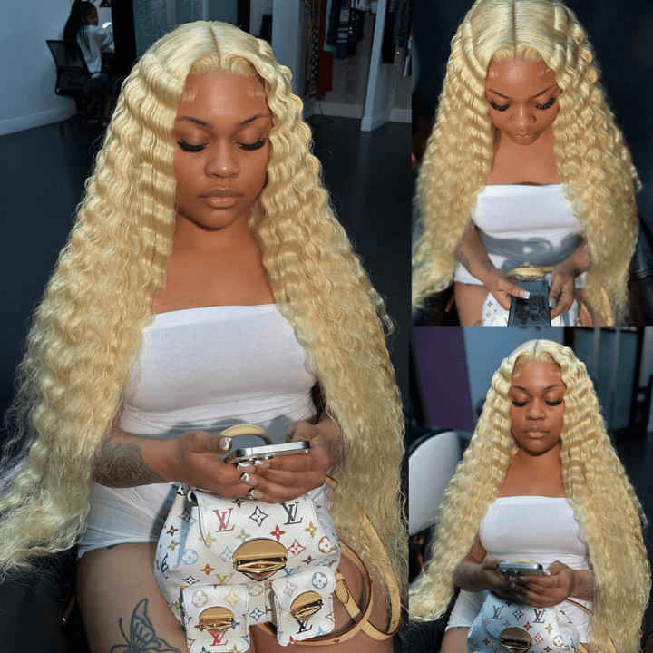 SZC 613 Blonde Deep Wave Curly 13x4 Lace Front Virgin Human Hair Wig